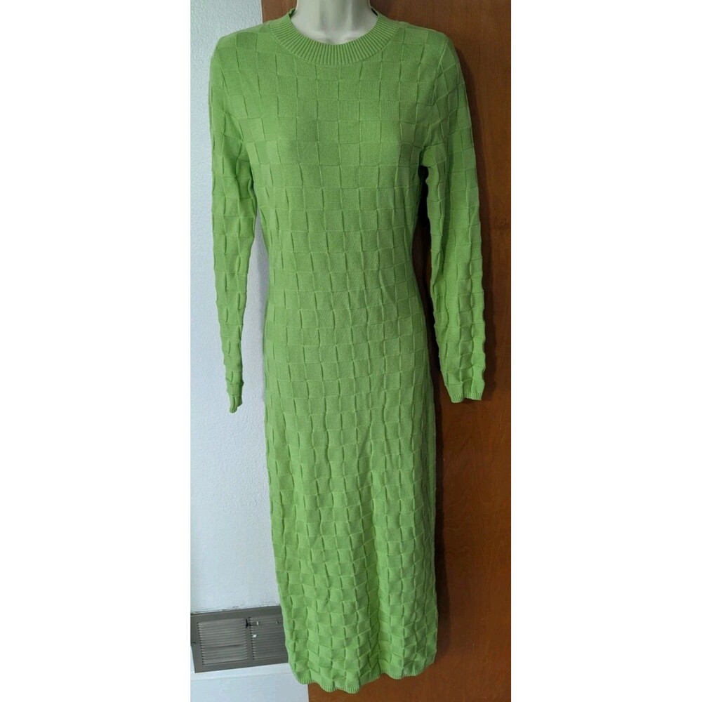 Another Girl Bodycon Dress Midi Stretch Knit Open Back Long Sleeves Sz M Green